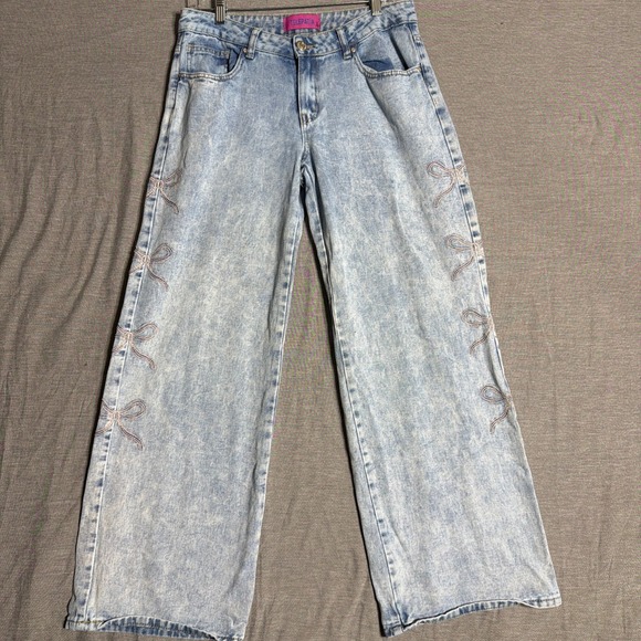 Telepatia Denim - Telepatia Light Acid Wash Wide Leg Jeans Bow Embroidery Blue Womens Size L